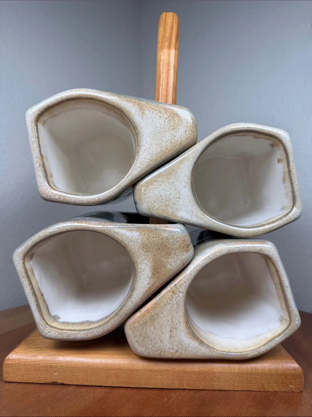 Vtg Padilla Blue Drip Glaze Stacking Signed 4 Coffee Mugs & Wood Stand Mexican